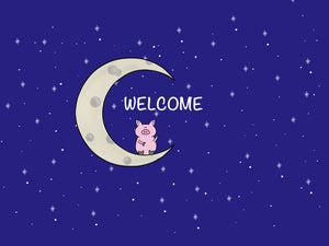 illustration of a cute pig waving with the word Welcome above him. The pig is sitting on the moon with a starry sky behind them. 