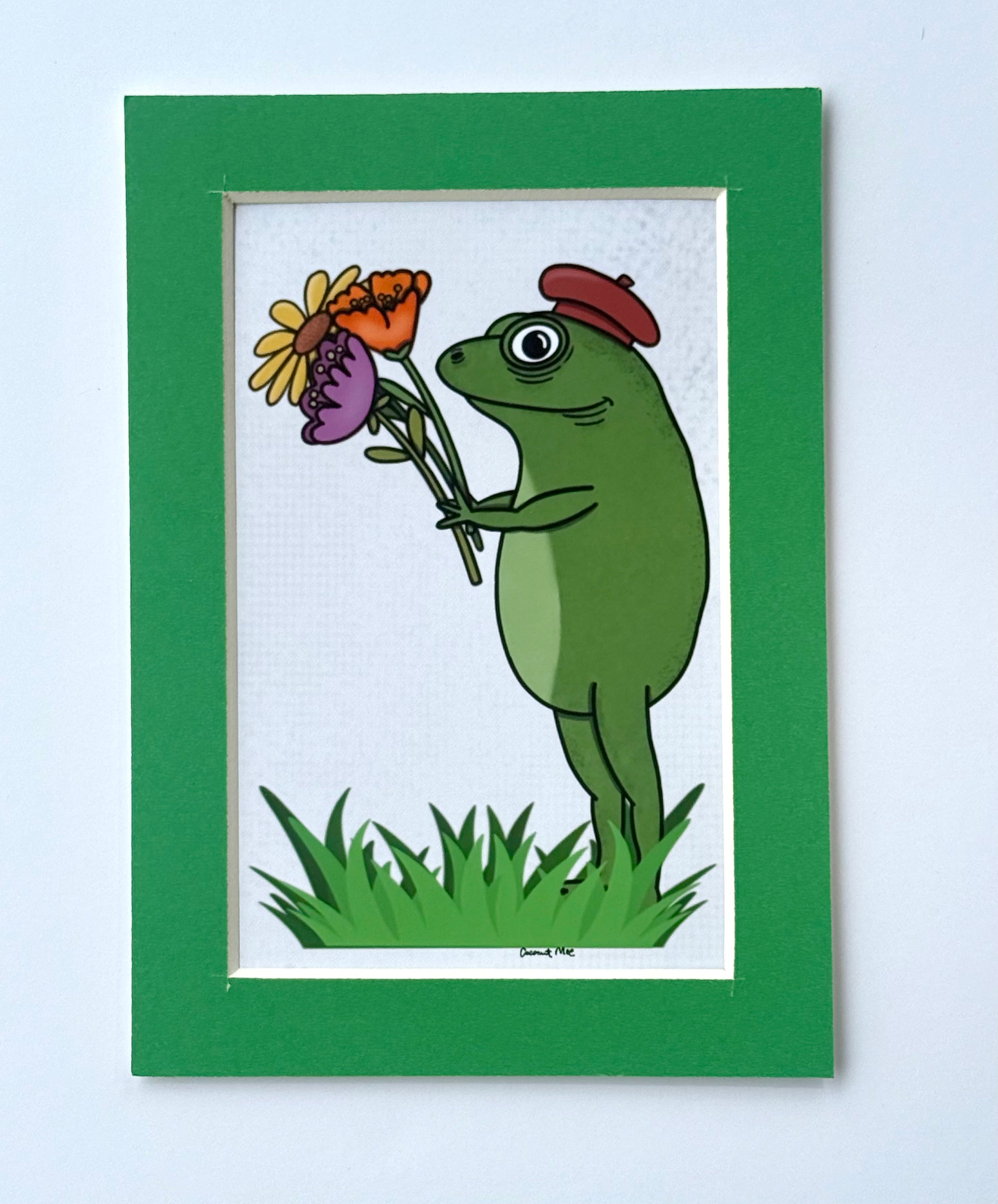 Mini Matted Frog with Flowers Print