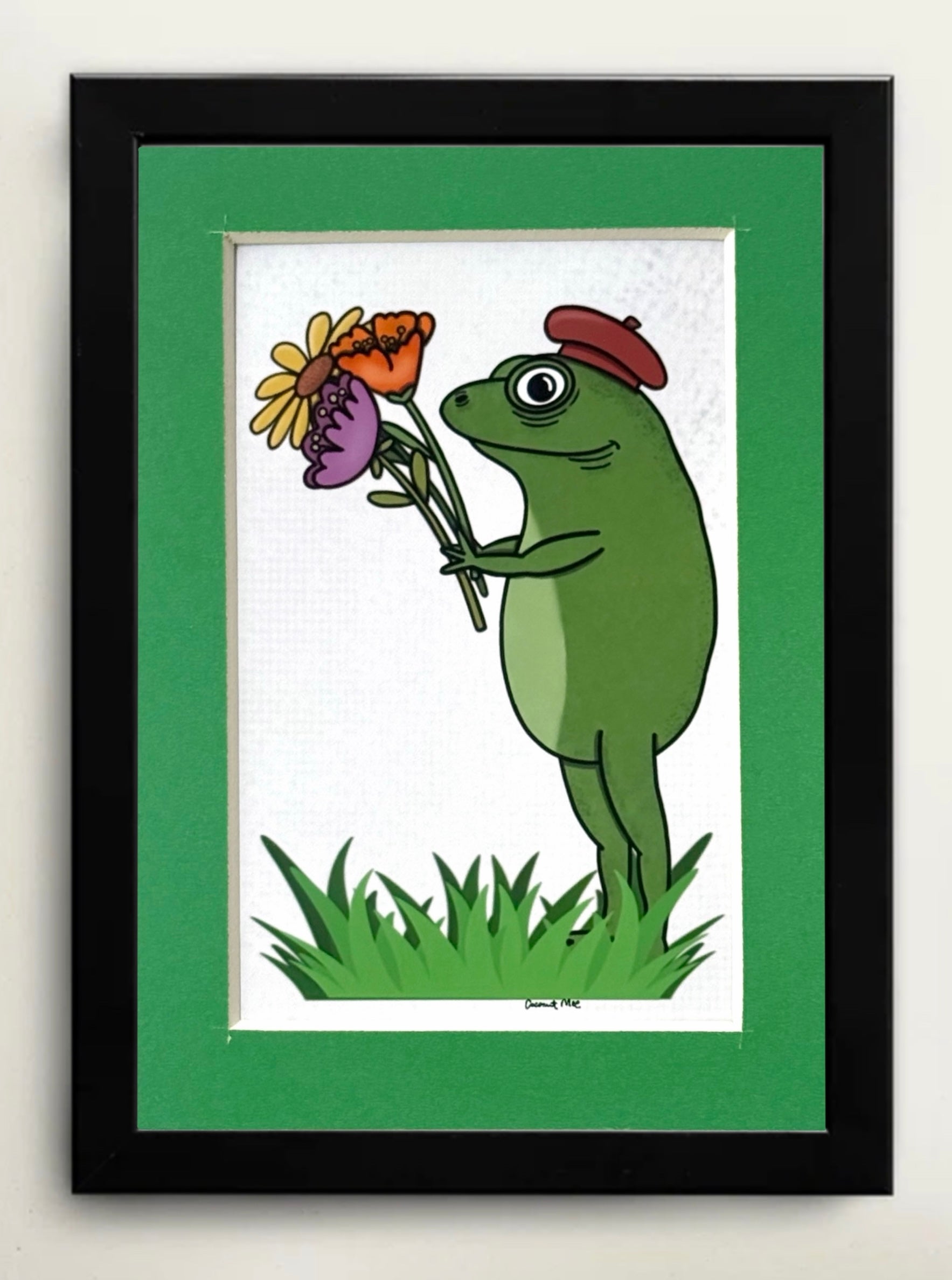Mini Matted Frog with Flowers Print