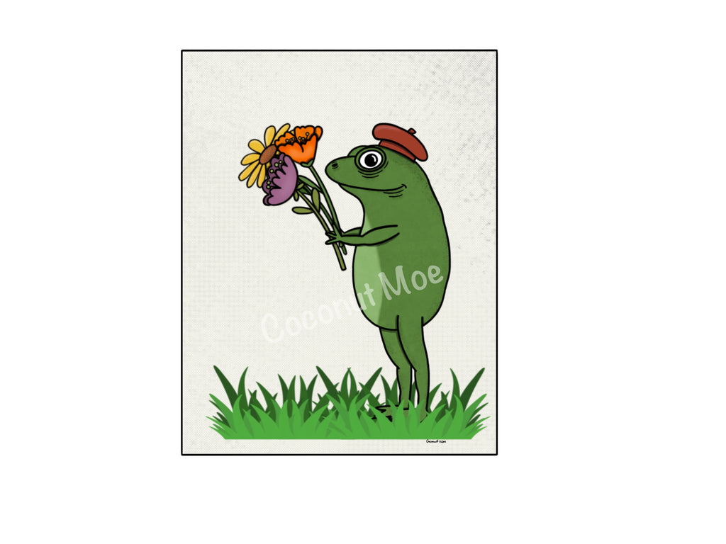 Mini Matted Frog with Flowers Print