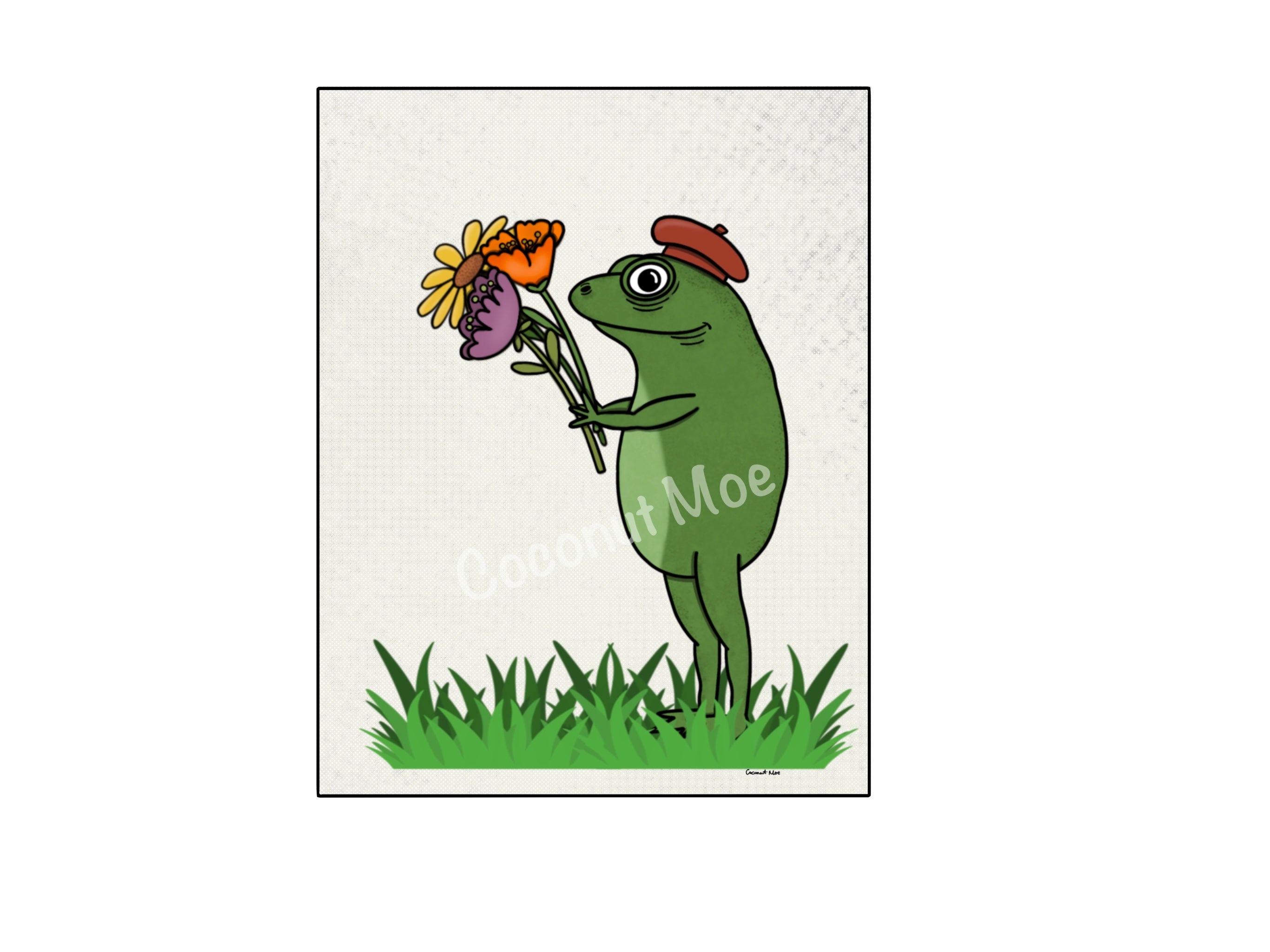 Mini Matted Frog with Flowers Print