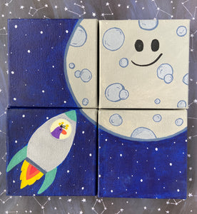 four small mini canvases with one hand painted image of the moon and rocketship with a small bird at the helm